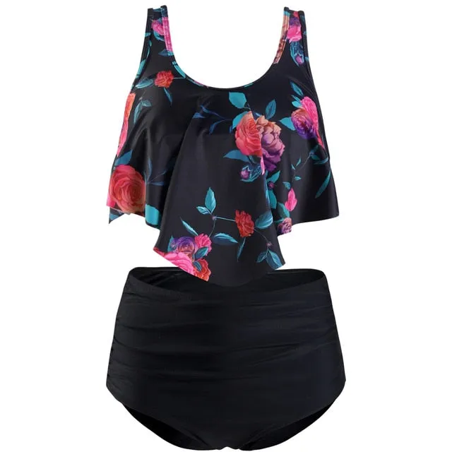 Trendy Ruffle  High Waist Bikini Swimwear With Push Up Bra