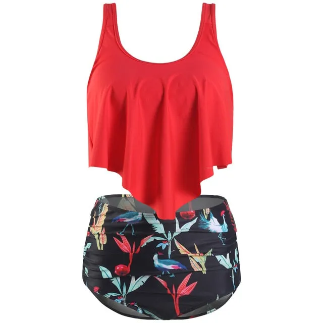 Trendy Ruffle  High Waist Bikini Swimwear With Push Up Bra