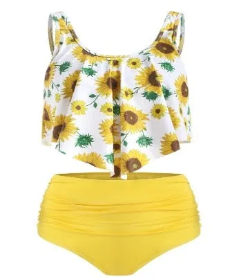 Trendy Ruffle  High Waist Bikini Swimwear With Push Up Bra