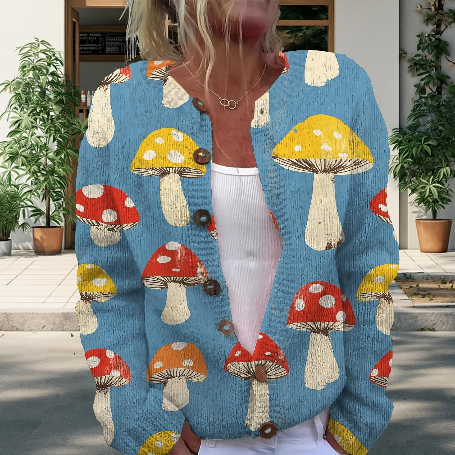 Trendy Sweater Cardigan for Women Mushroom Print Button Up Oversized Long Sleeve Floral Sweaters Plus Size Tops