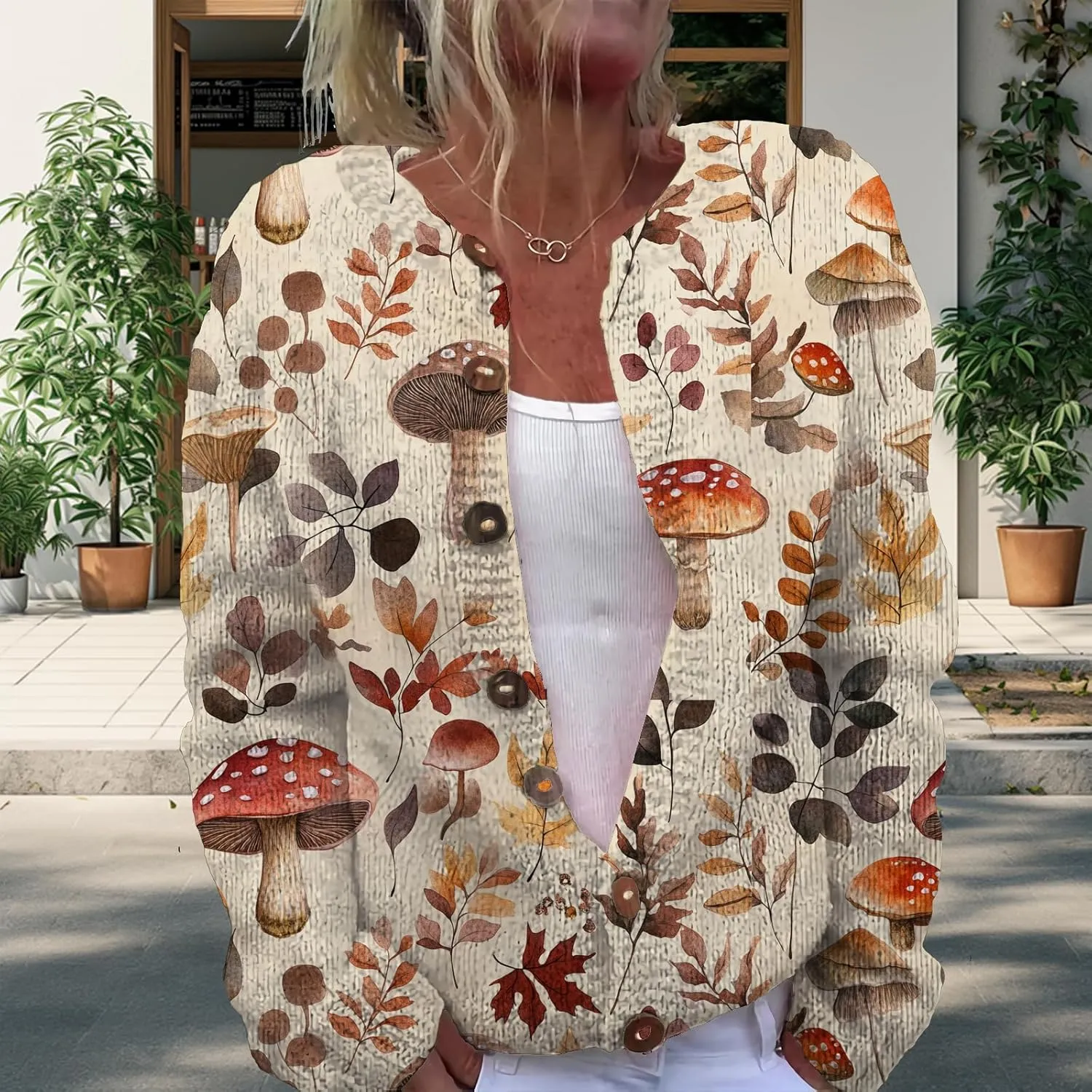 Trendy Sweater Cardigan for Women Mushroom Print Button Up Oversized Long Sleeve Floral Sweaters Plus Size Tops