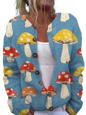 Trendy Sweater Cardigan for Women Mushroom Print Button Up Oversized Long Sleeve Floral Sweaters Plus Size Tops