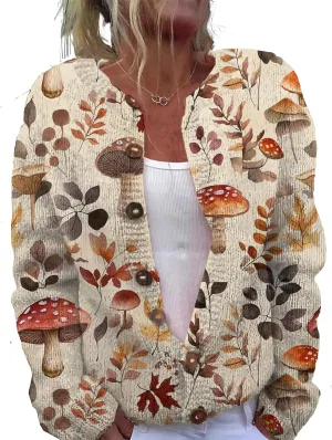 Trendy Sweater Cardigan for Women Mushroom Print Button Up Oversized Long Sleeve Floral Sweaters Plus Size Tops
