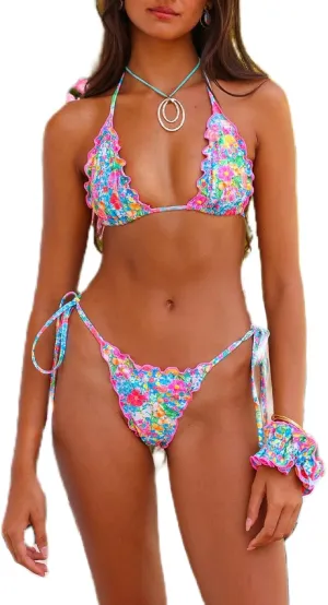 UAURORAO Women Ruffle Bikini Sets Halter Wavy Two Piece Bathing Suit Cute Frill Cheeky Bikinis Triangle Swimsuit
