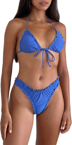 UAURORAO Women Ruffle Bikini Sets Halter Wavy Two Piece Bathing Suit Cute Frill Cheeky Bikinis Triangle Swimsuit