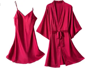 Uillui Women 3/4 Sleeve Satin Robes Set Silk Pajama Sets Loungewear 2 Piece Sets Cami Nightgown with Robes Soft PJ Sleepwear