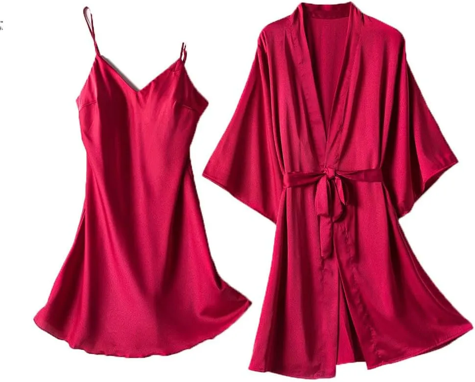 Uillui Women 3/4 Sleeve Satin Robes Set Silk Pajama Sets Loungewear 2 Piece Sets Cami Nightgown with Robes Soft PJ Sleepwear