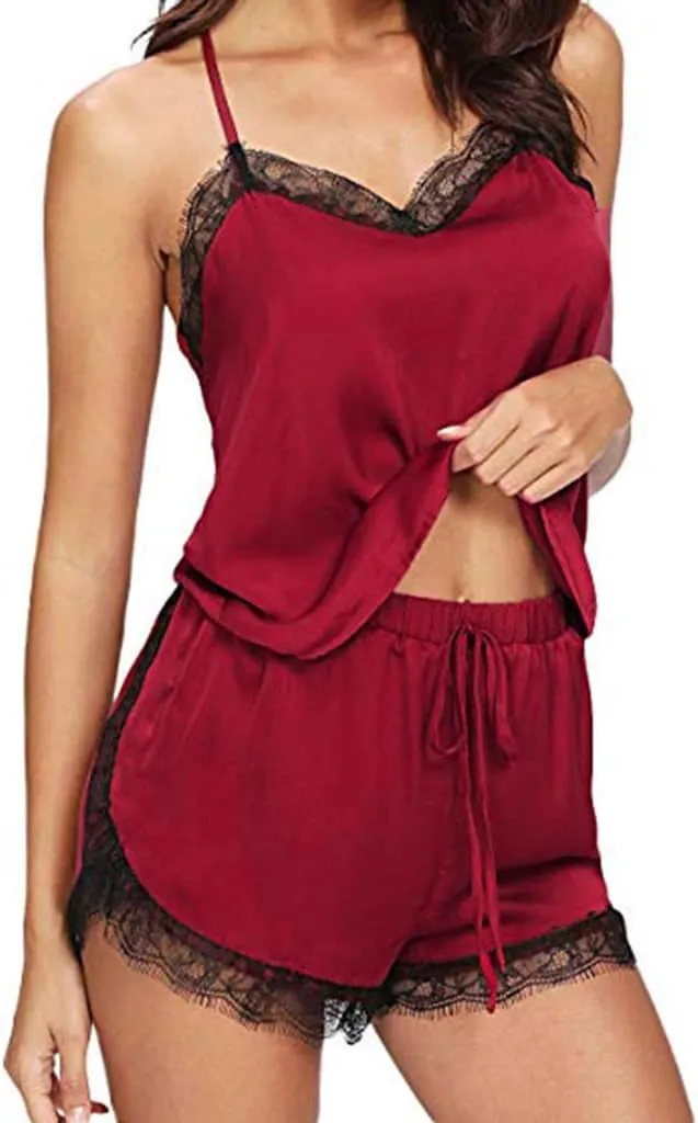 Uillui Women Sexy Short Pajamas Set Lace Trim 2 Piece Lingerie Set Spaghetti Strap Camisole Sleepwear Cute Summer Lounge Set