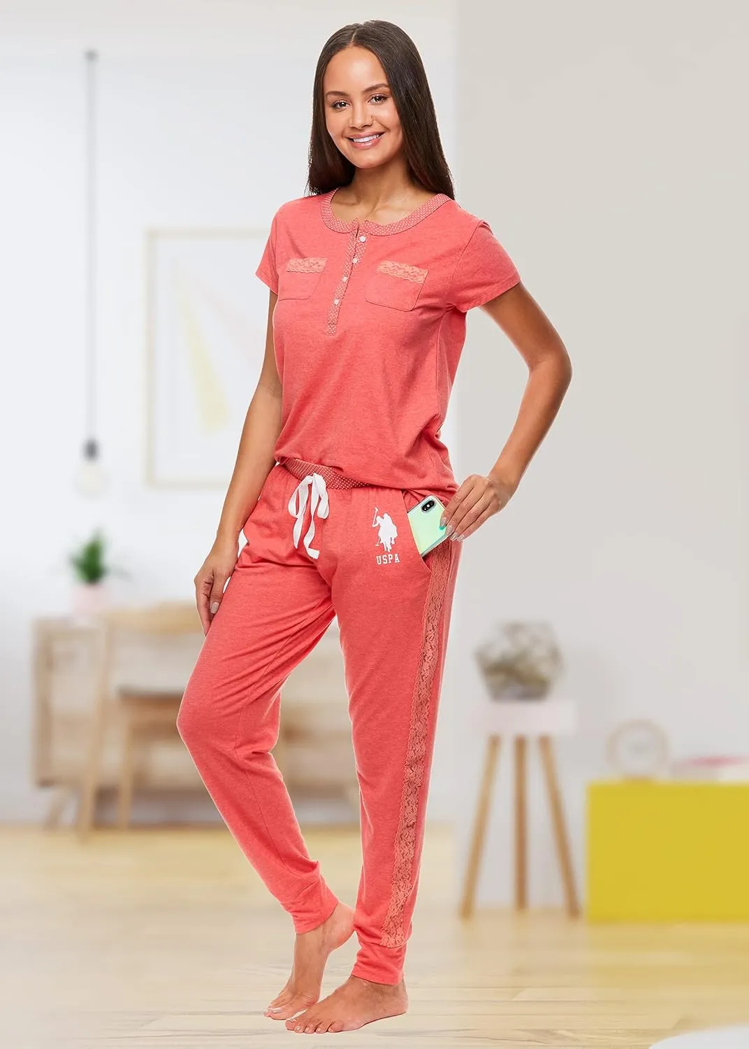 U.S. Polo Assn. Womens Pajama Set with Pockets - Short Sleeve Shirt and Pajama Pants Pj Set