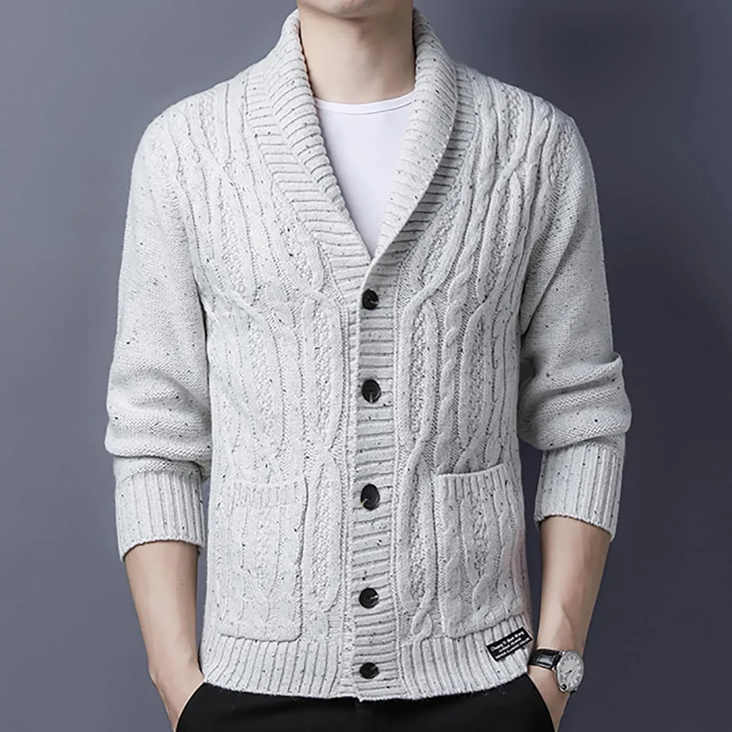 utcoco Men's Open Front Cable Knit Cardigan Shawl Collar Button Down Cardigan Sweaters for Men