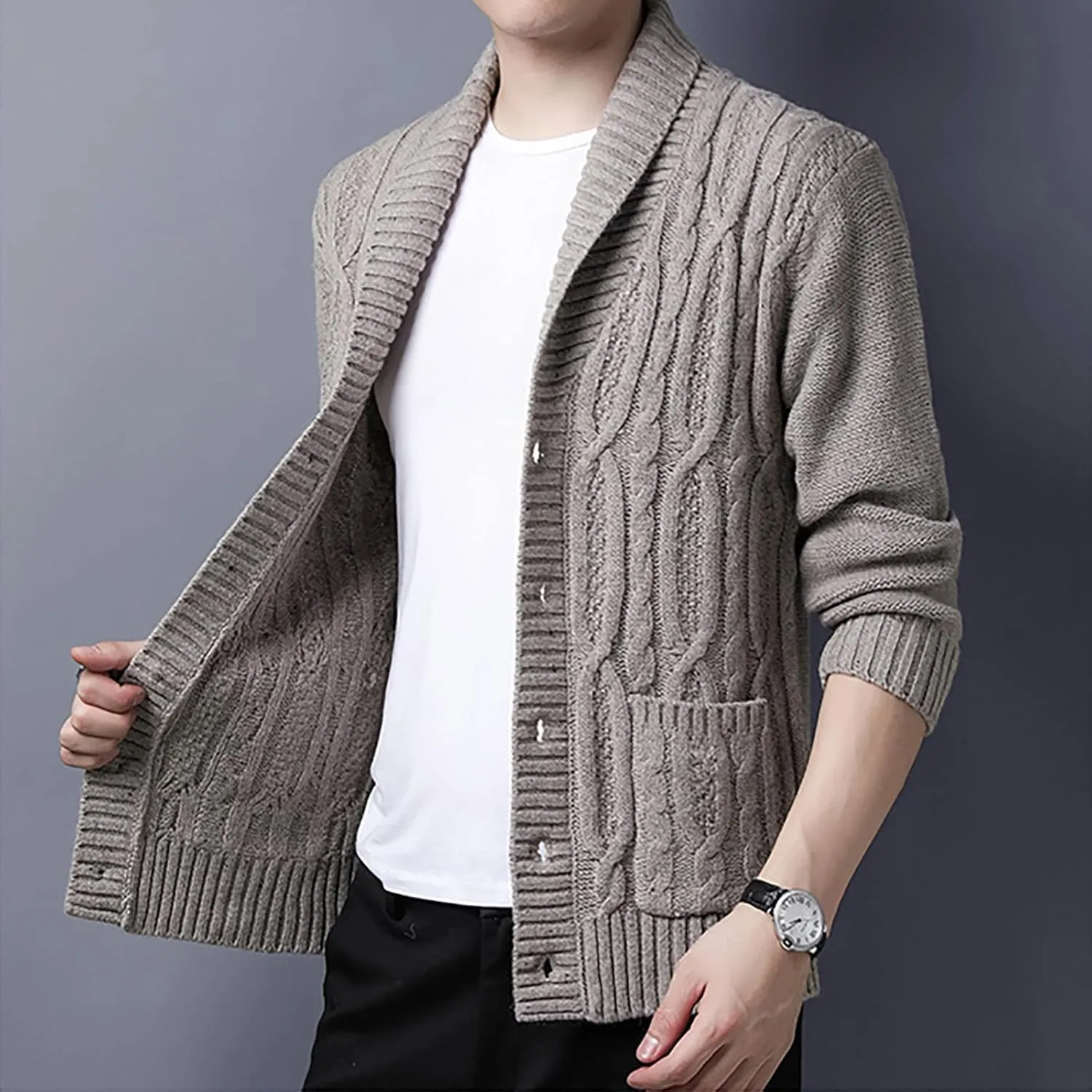 utcoco Men's Open Front Cable Knit Cardigan Shawl Collar Button Down Cardigan Sweaters for Men
