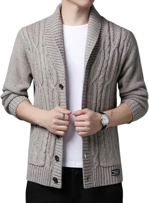 utcoco Men's Open Front Cable Knit Cardigan Shawl Collar Button Down Cardigan Sweaters for Men