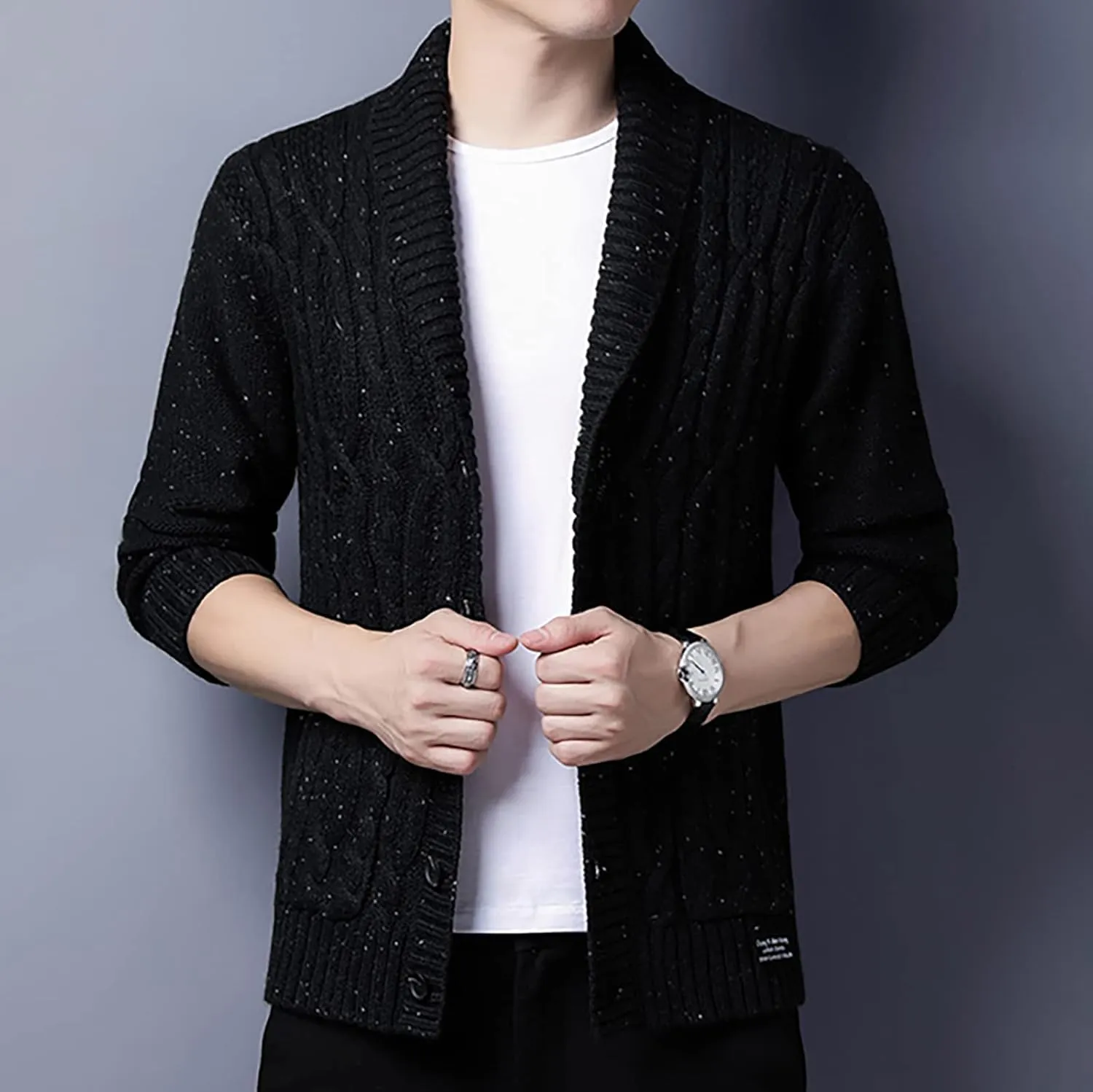 utcoco Men's Open Front Cable Knit Cardigan Shawl Collar Button Down Cardigan Sweaters for Men