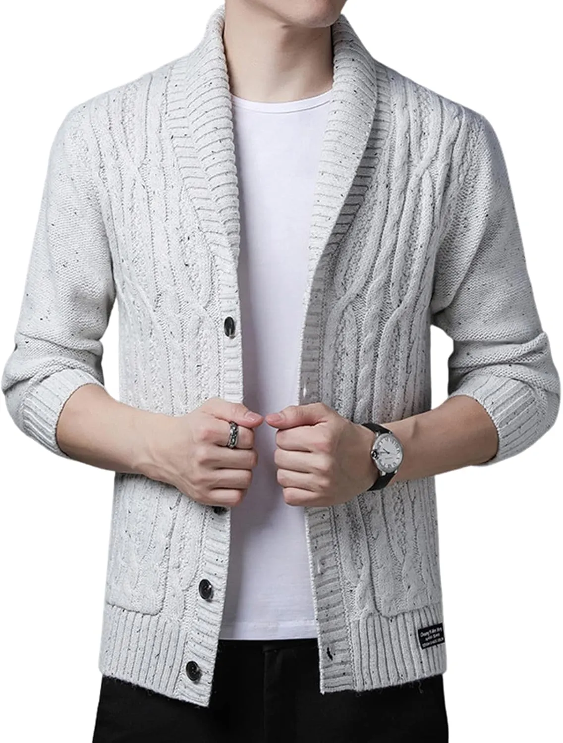 utcoco Men's Open Front Cable Knit Cardigan Shawl Collar Button Down Cardigan Sweaters for Men