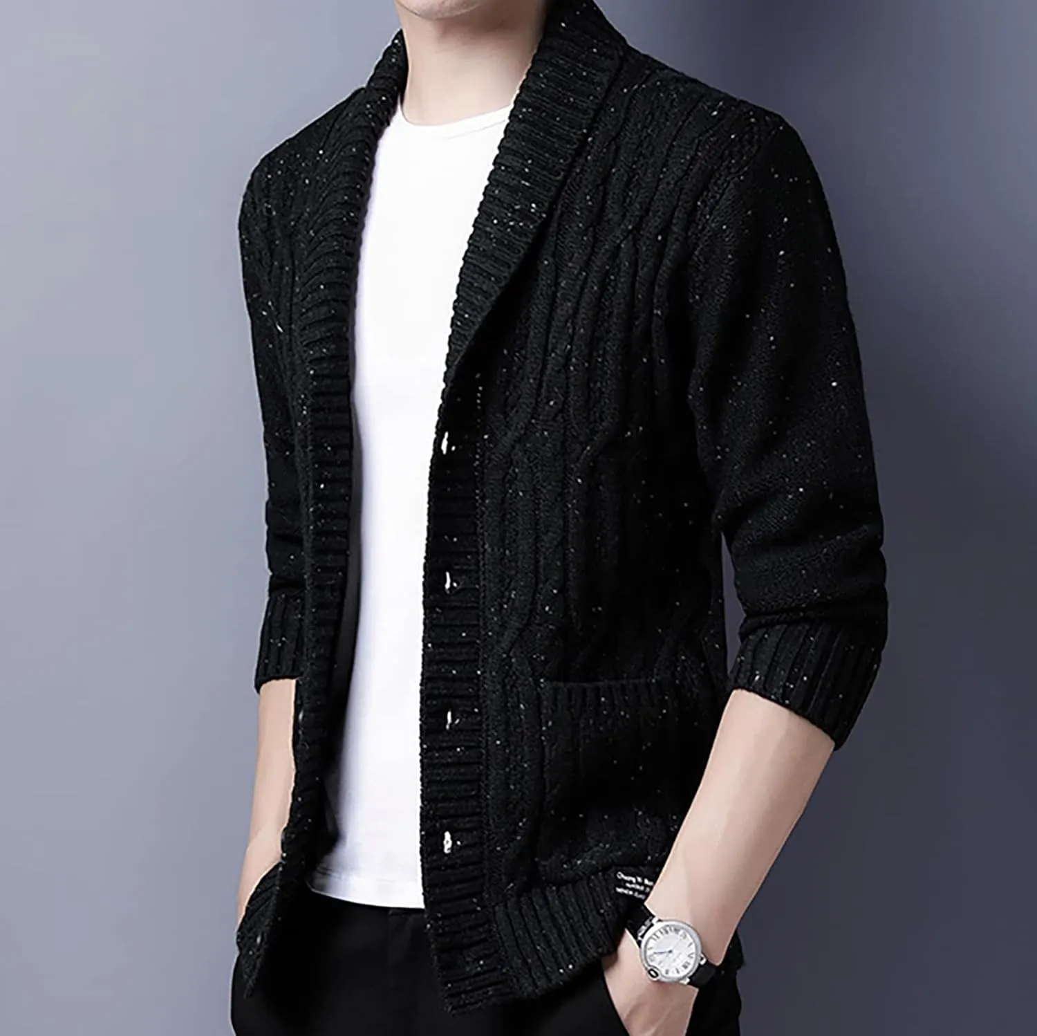 utcoco Men's Open Front Cable Knit Cardigan Shawl Collar Button Down Cardigan Sweaters for Men
