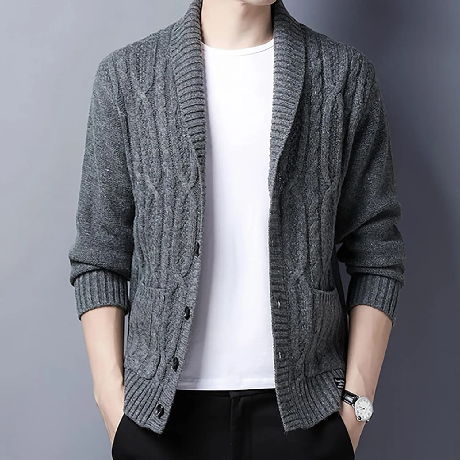 utcoco Men's Open Front Cable Knit Cardigan Shawl Collar Button Down Cardigan Sweaters for Men