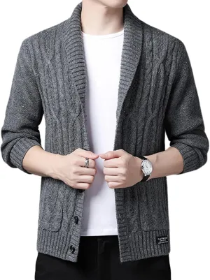 utcoco Men's Open Front Cable Knit Cardigan Shawl Collar Button Down Cardigan Sweaters for Men