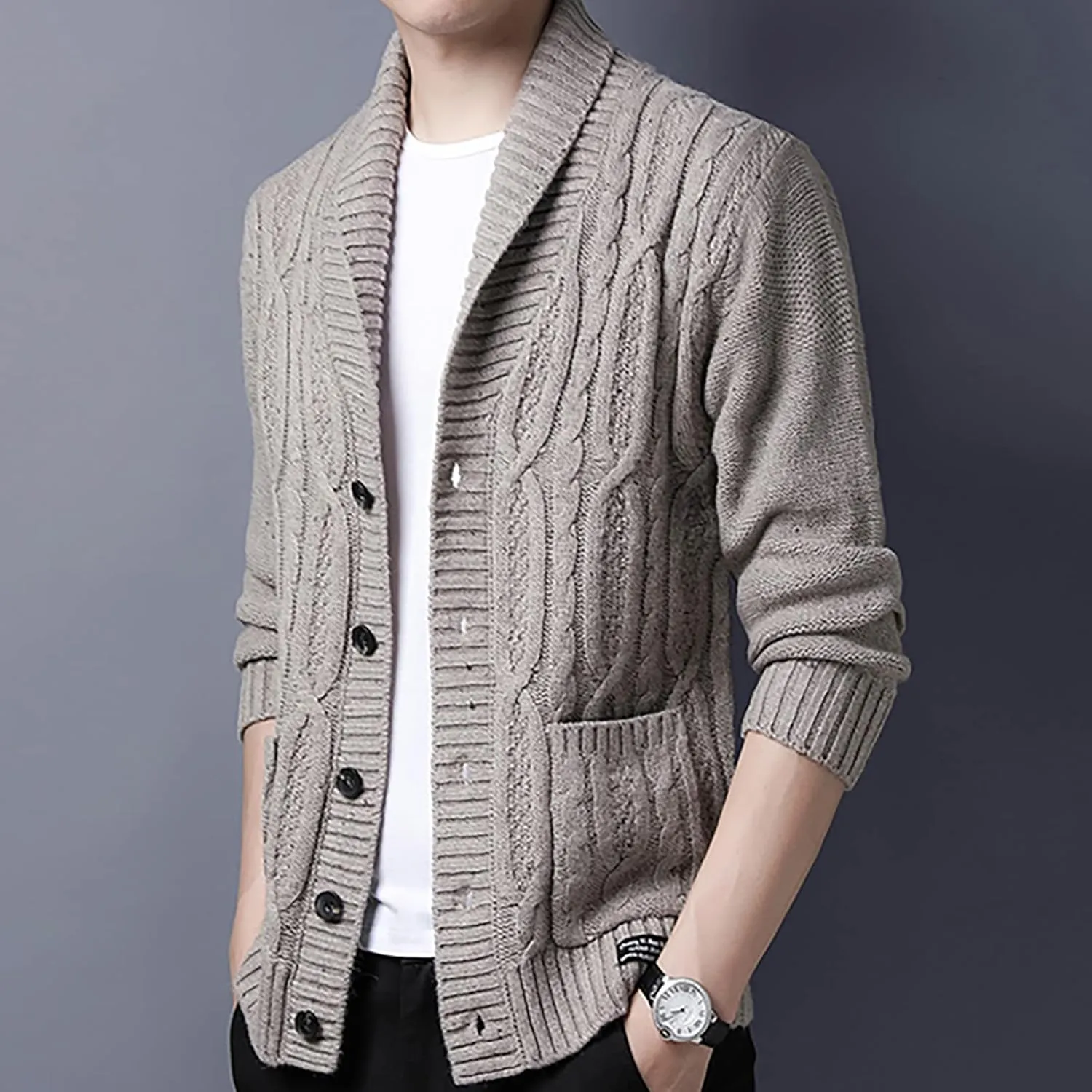 utcoco Men's Open Front Cable Knit Cardigan Shawl Collar Button Down Cardigan Sweaters for Men