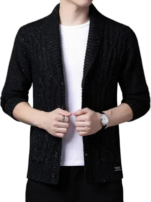 utcoco Men's Open Front Cable Knit Cardigan Shawl Collar Button Down Cardigan Sweaters for Men