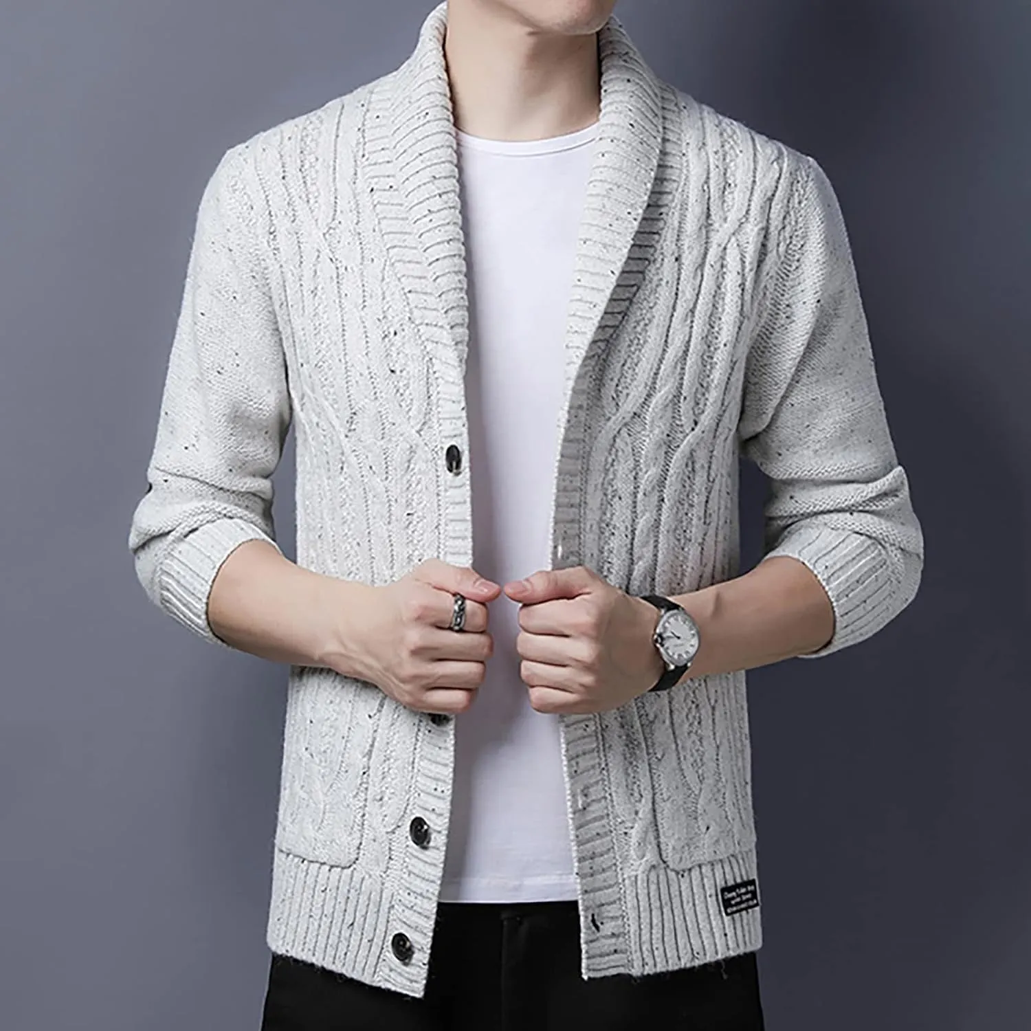 utcoco Men's Open Front Cable Knit Cardigan Shawl Collar Button Down Cardigan Sweaters for Men