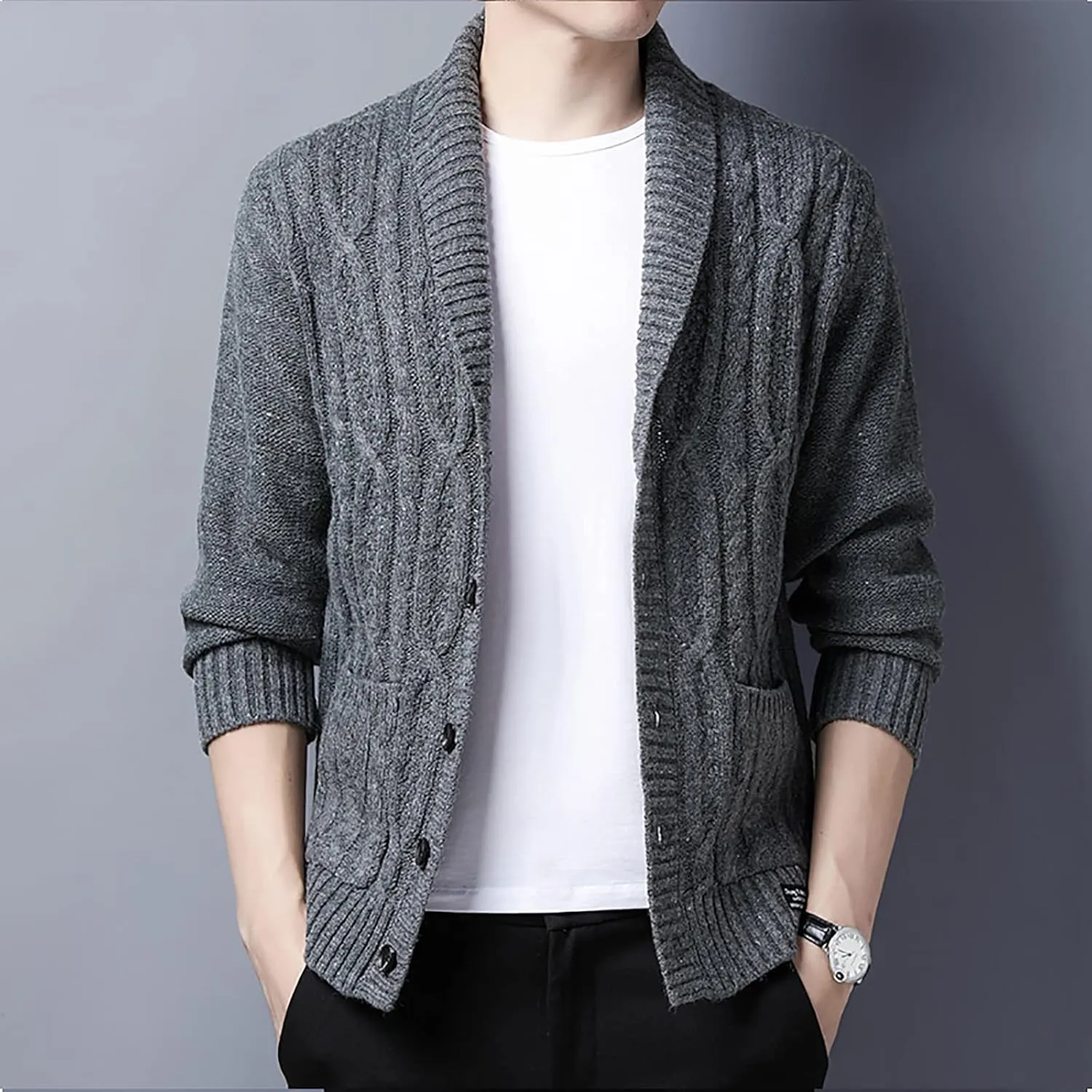 utcoco Men's Open Front Cable Knit Cardigan Shawl Collar Button Down Cardigan Sweaters for Men