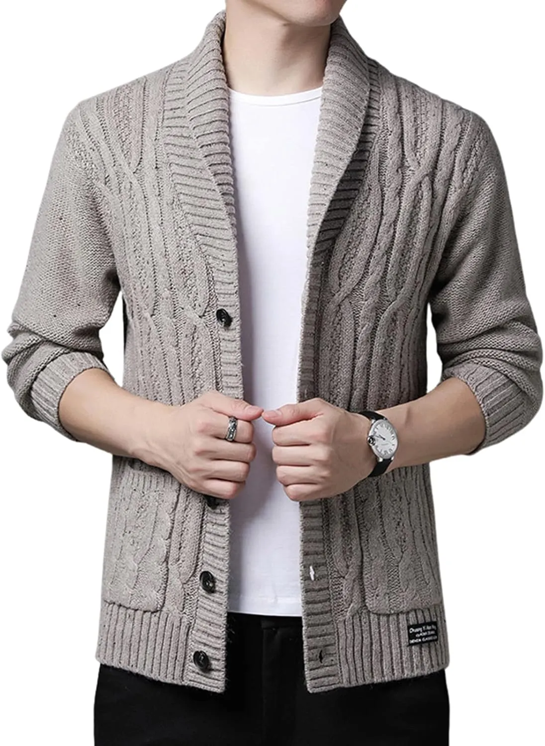 utcoco Men's Open Front Cable Knit Cardigan Shawl Collar Button Down Cardigan Sweaters for Men
