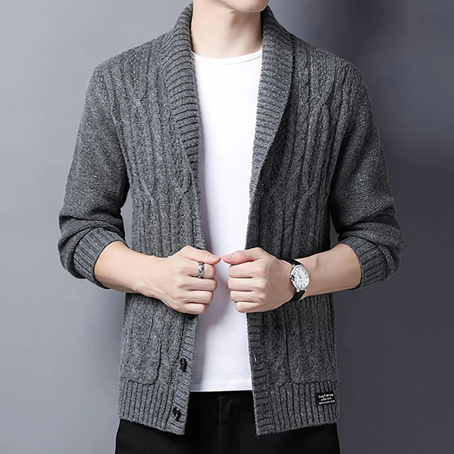 utcoco Men's Open Front Cable Knit Cardigan Shawl Collar Button Down Cardigan Sweaters for Men
