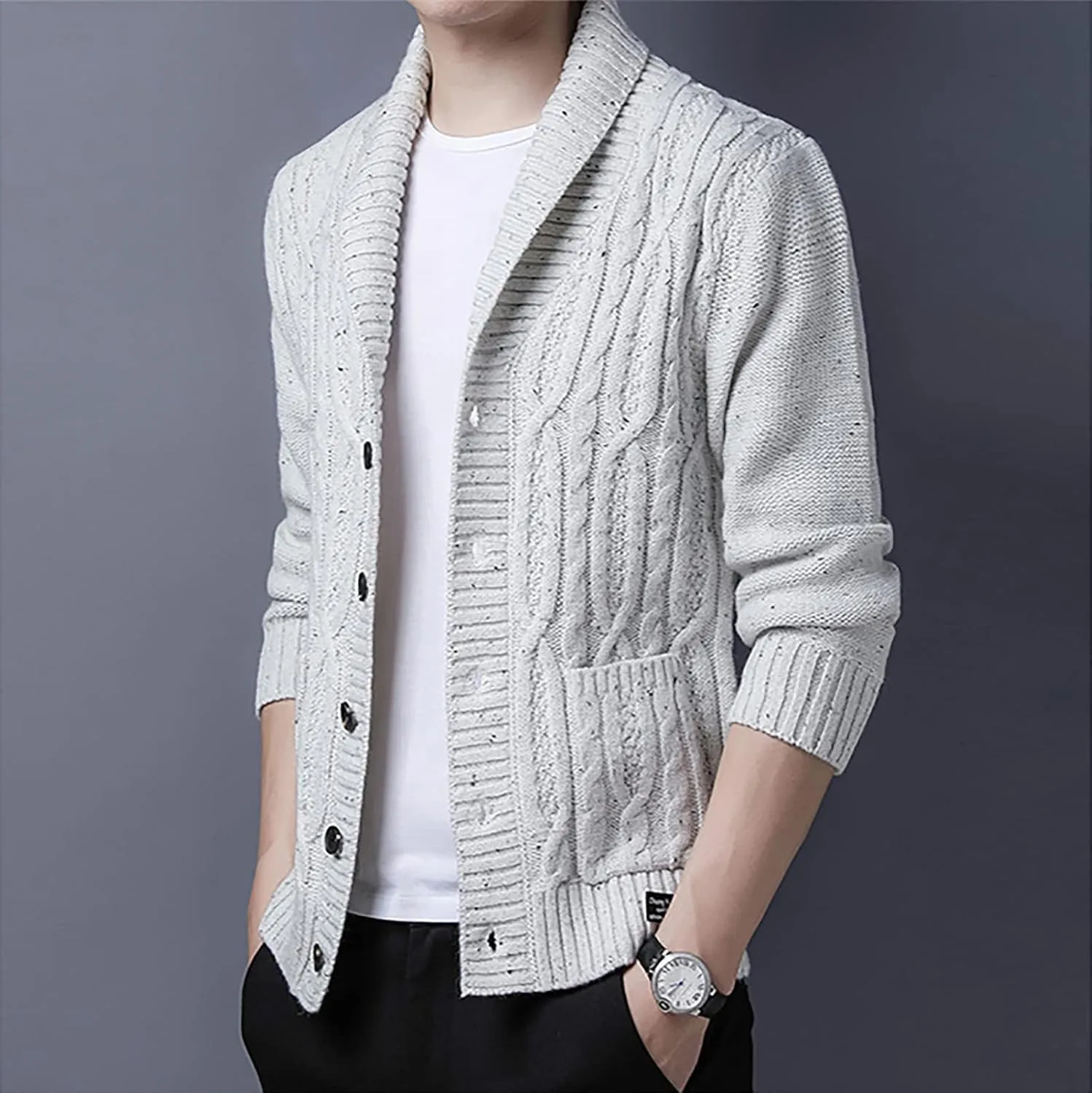 utcoco Men's Open Front Cable Knit Cardigan Shawl Collar Button Down Cardigan Sweaters for Men