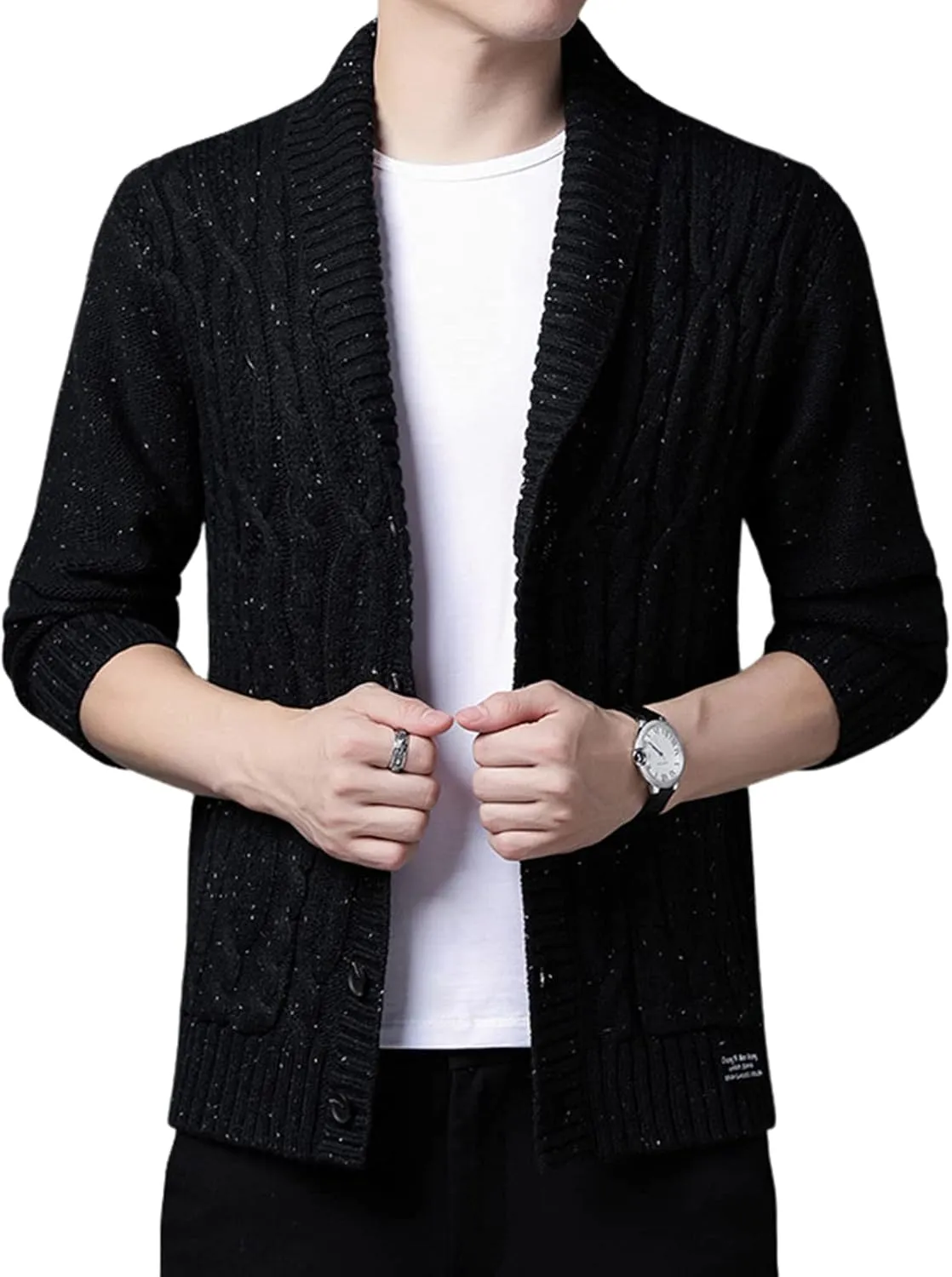 utcoco Men's Open Front Cable Knit Cardigan Shawl Collar Button Down Cardigan Sweaters for Men