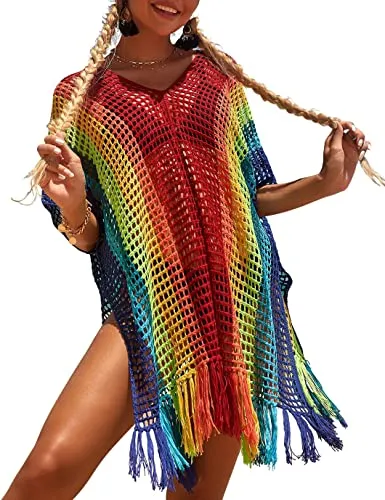V-Neck Crochet Tassel Coverups - Women's Swimwear