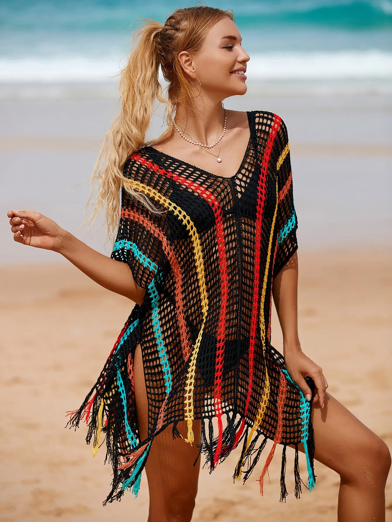 V-Neck Crochet Tassel Coverups - Women's Swimwear