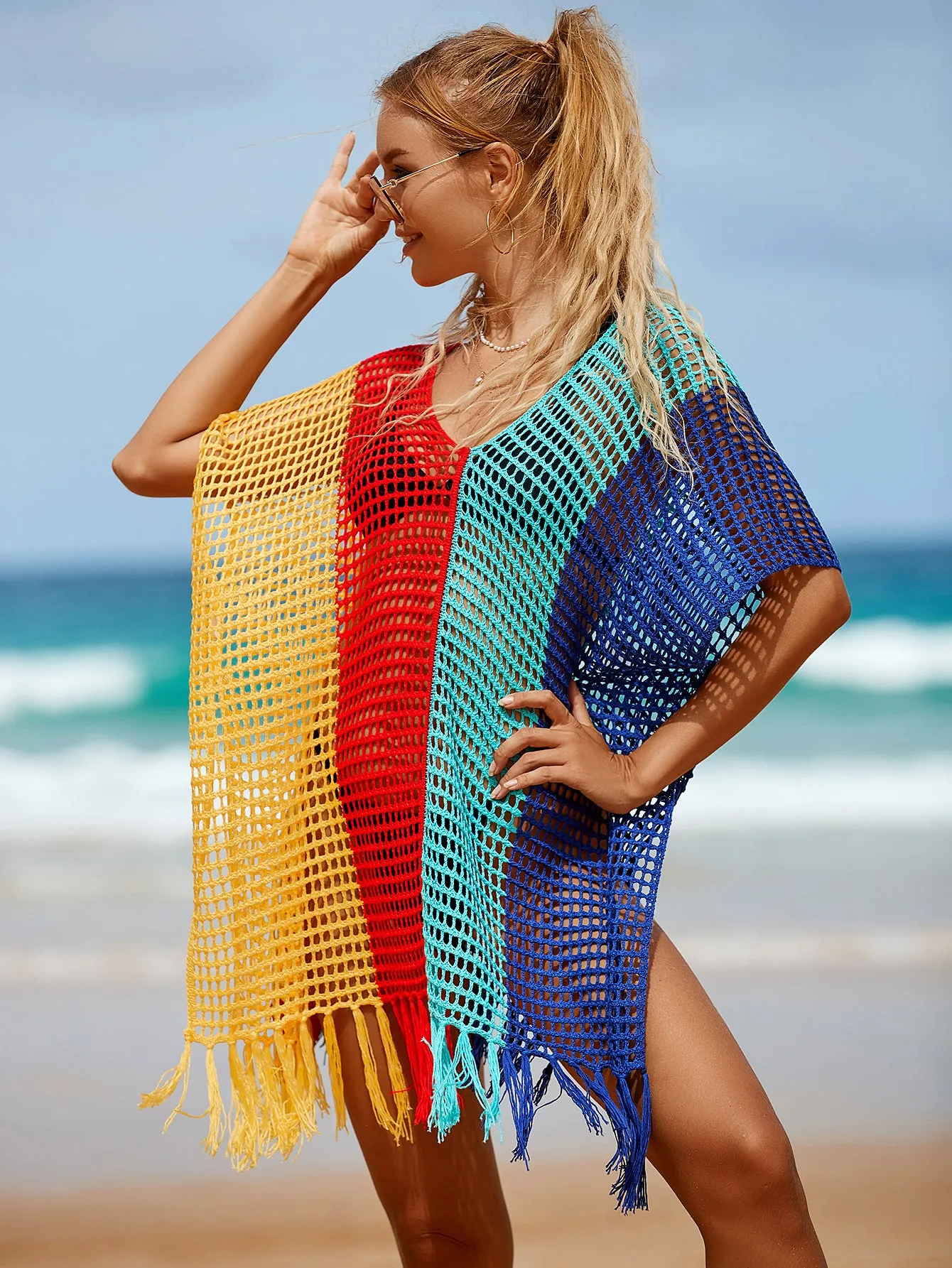 V-Neck Crochet Tassel Coverups - Women's Swimwear