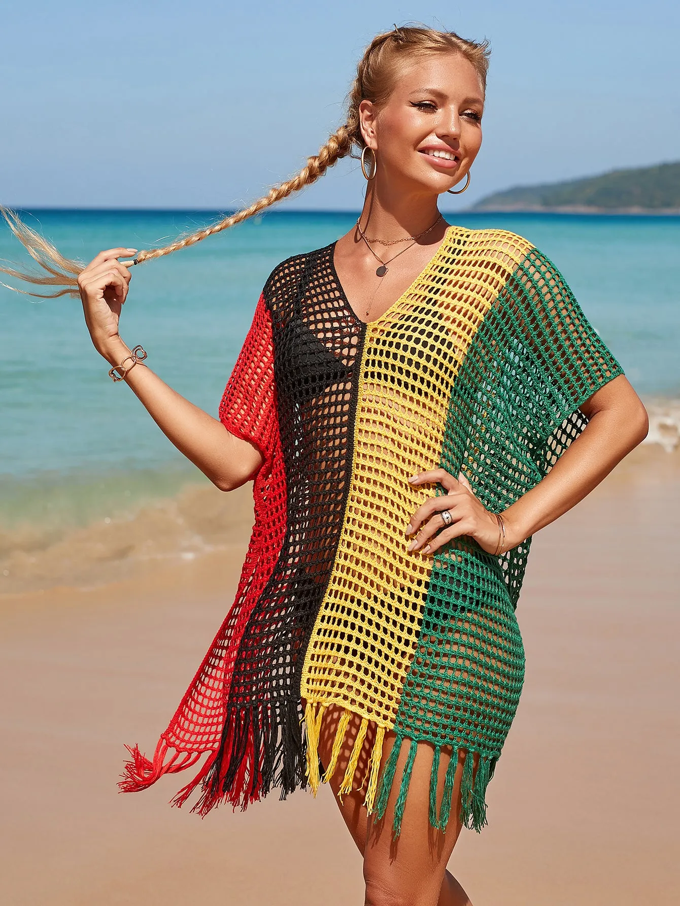 V-Neck Crochet Tassel Coverups - Women's Swimwear