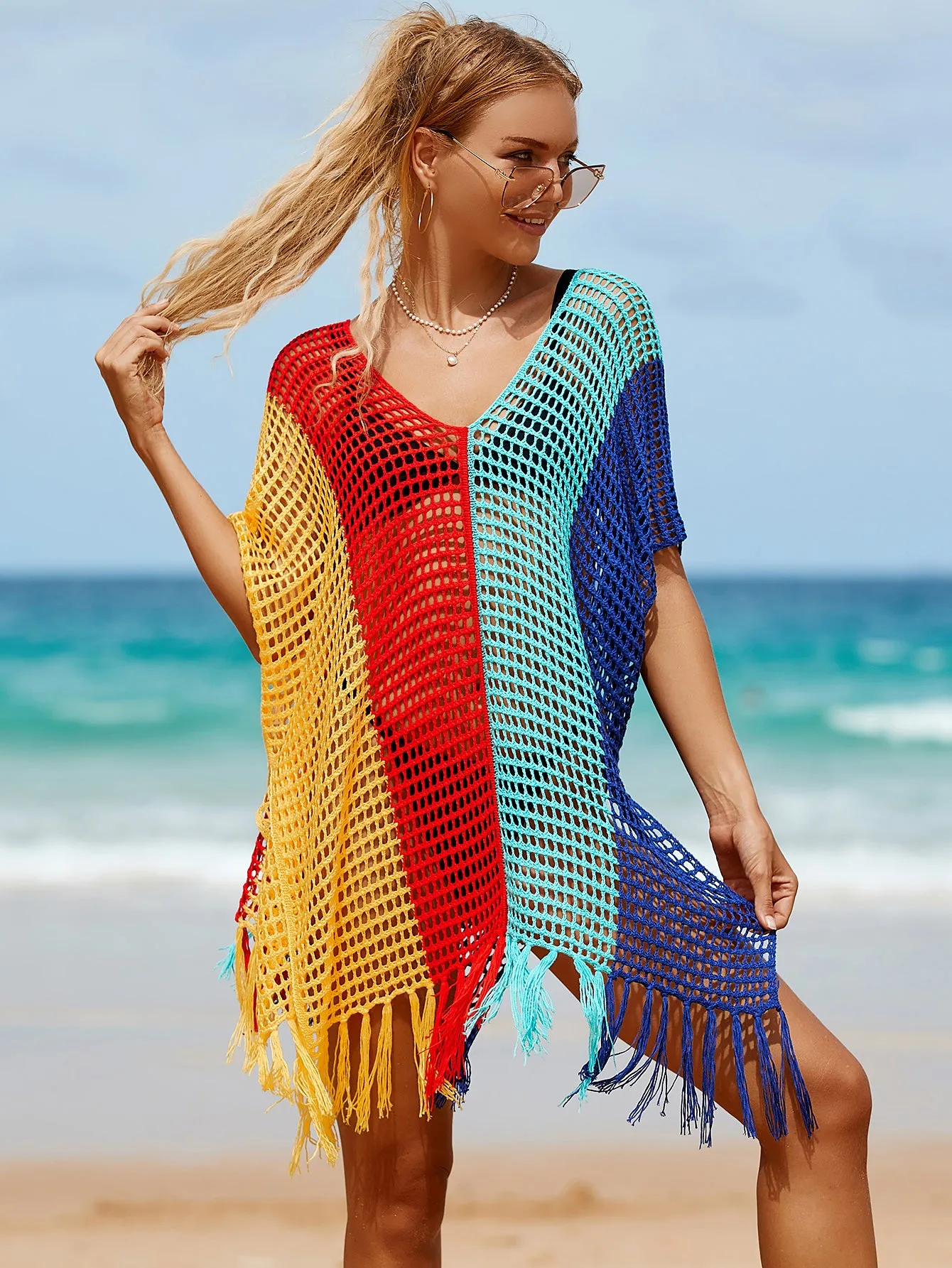 V-Neck Crochet Tassel Coverups - Women's Swimwear