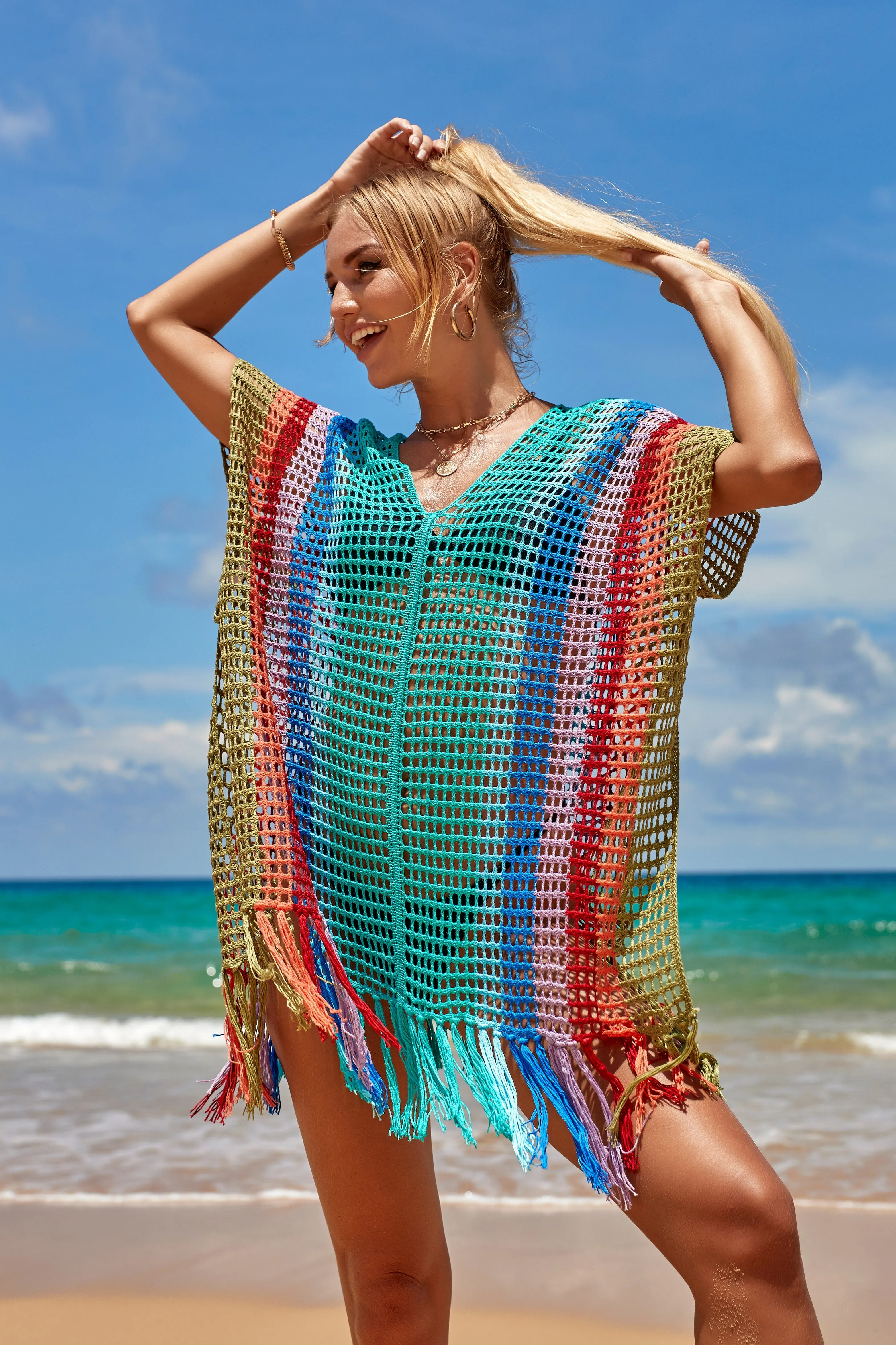 V-Neck Crochet Tassel Coverups - Women's Swimwear