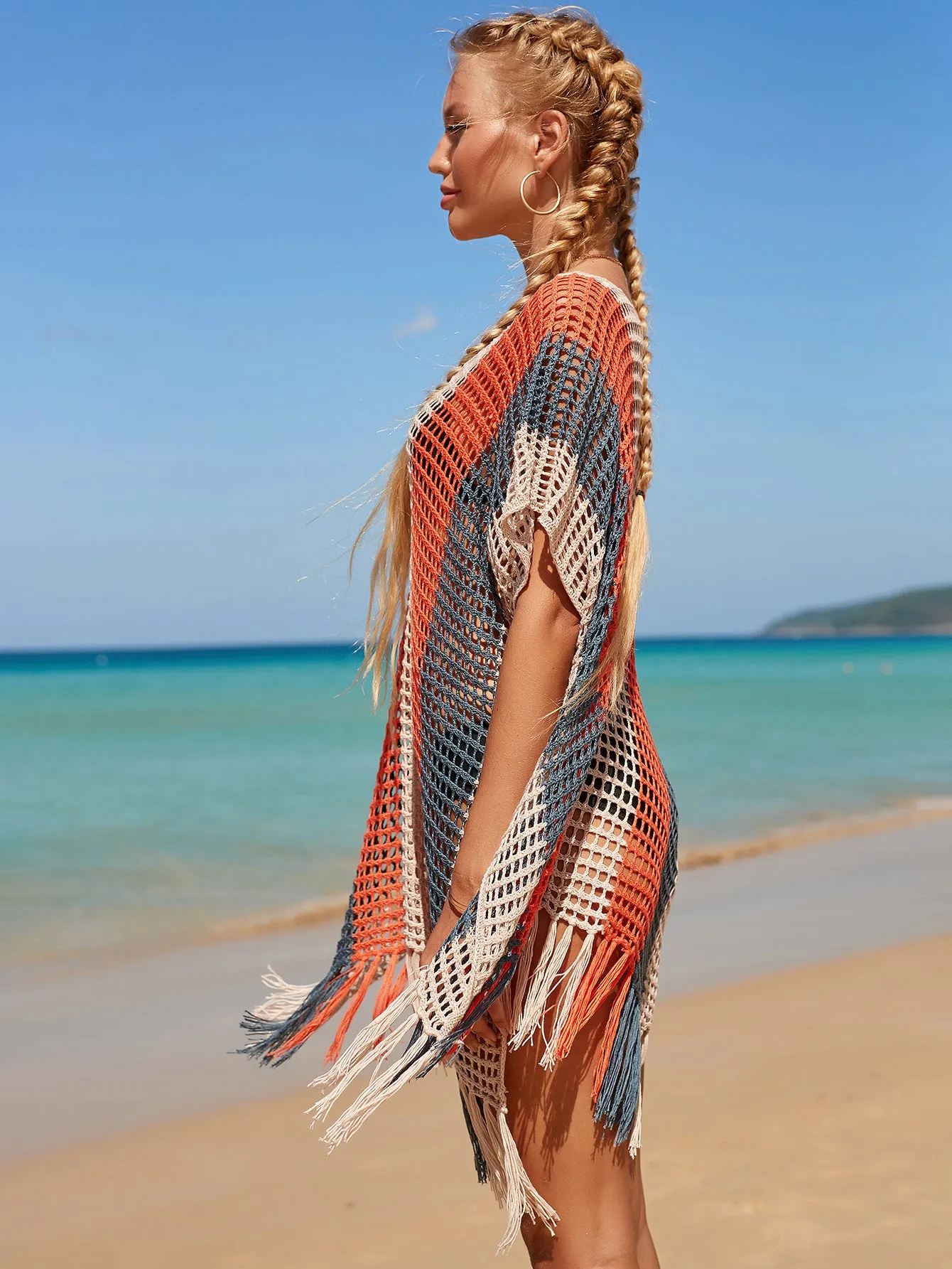 V-Neck Crochet Tassel Coverups - Women's Swimwear