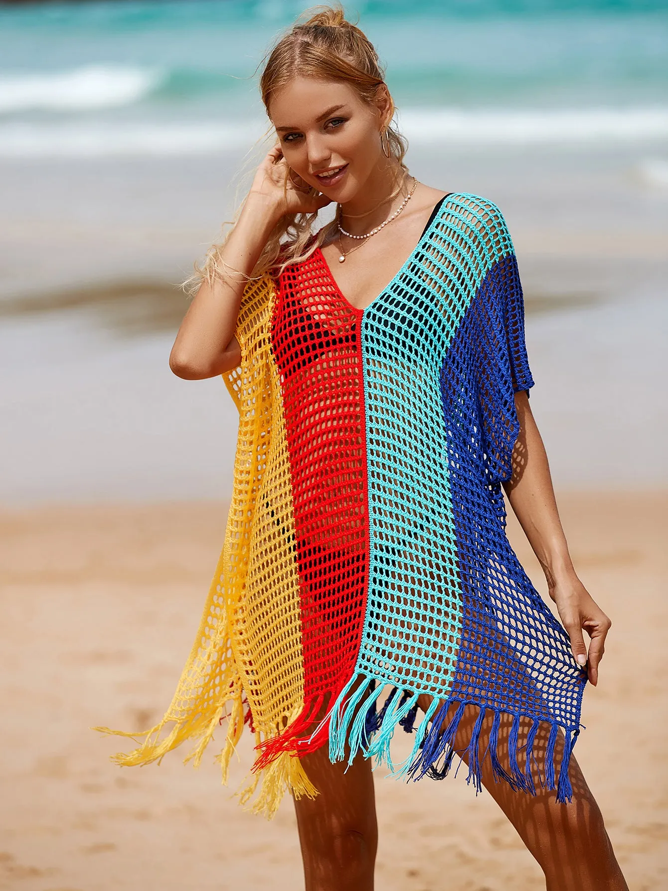 V-Neck Crochet Tassel Coverups - Women's Swimwear