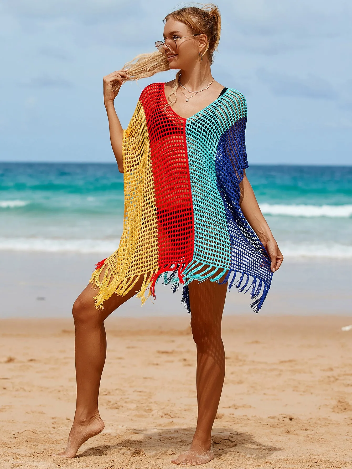 V-Neck Crochet Tassel Coverups - Women's Swimwear