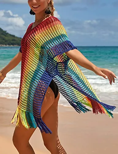 V-Neck Crochet Tassel Coverups - Women's Swimwear