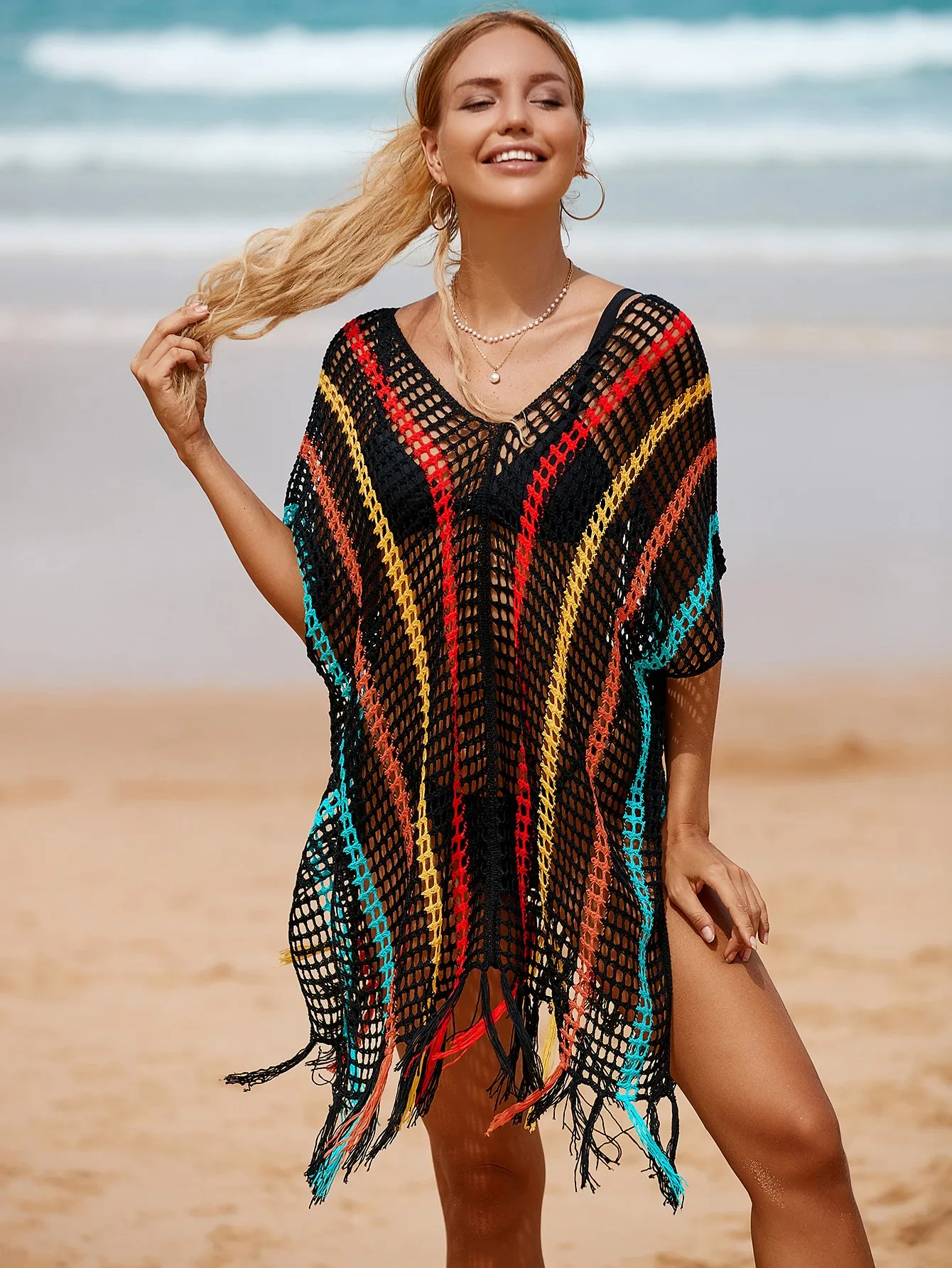 V-Neck Crochet Tassel Coverups - Women's Swimwear