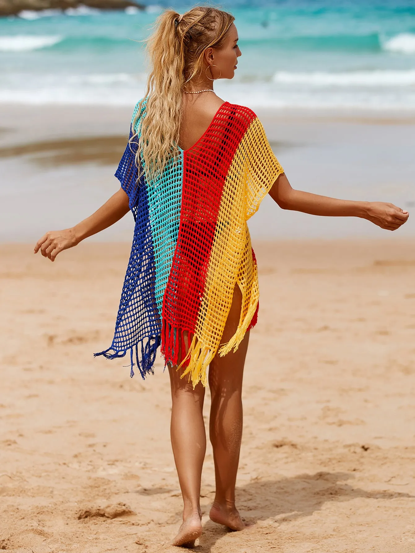 V-Neck Crochet Tassel Coverups - Women's Swimwear