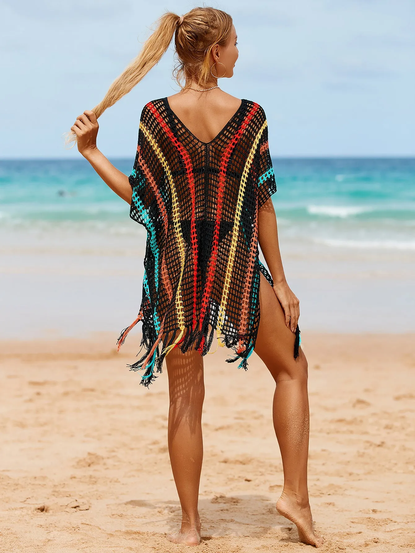 V-Neck Crochet Tassel Coverups - Women's Swimwear