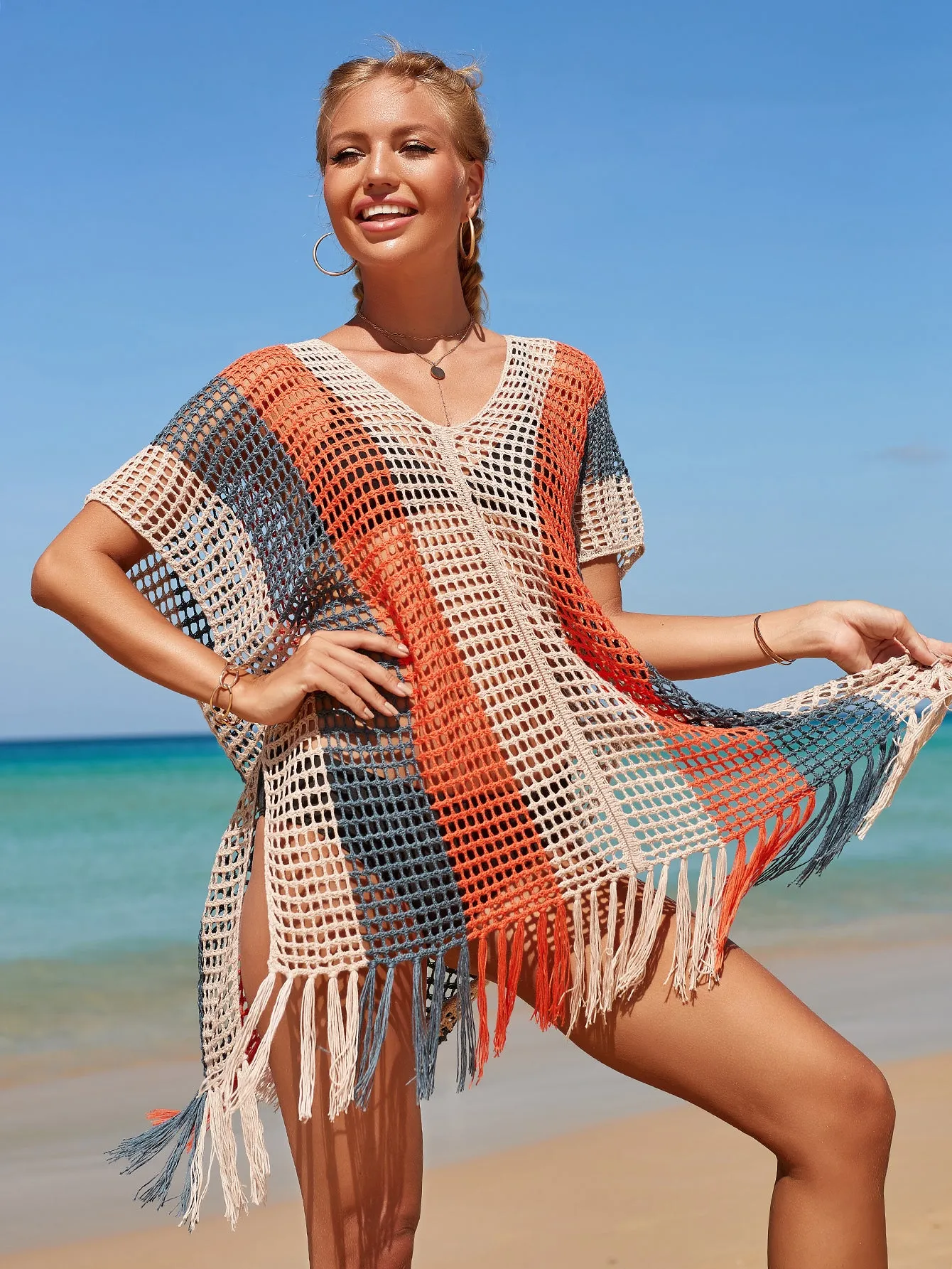 V-Neck Crochet Tassel Coverups - Women's Swimwear