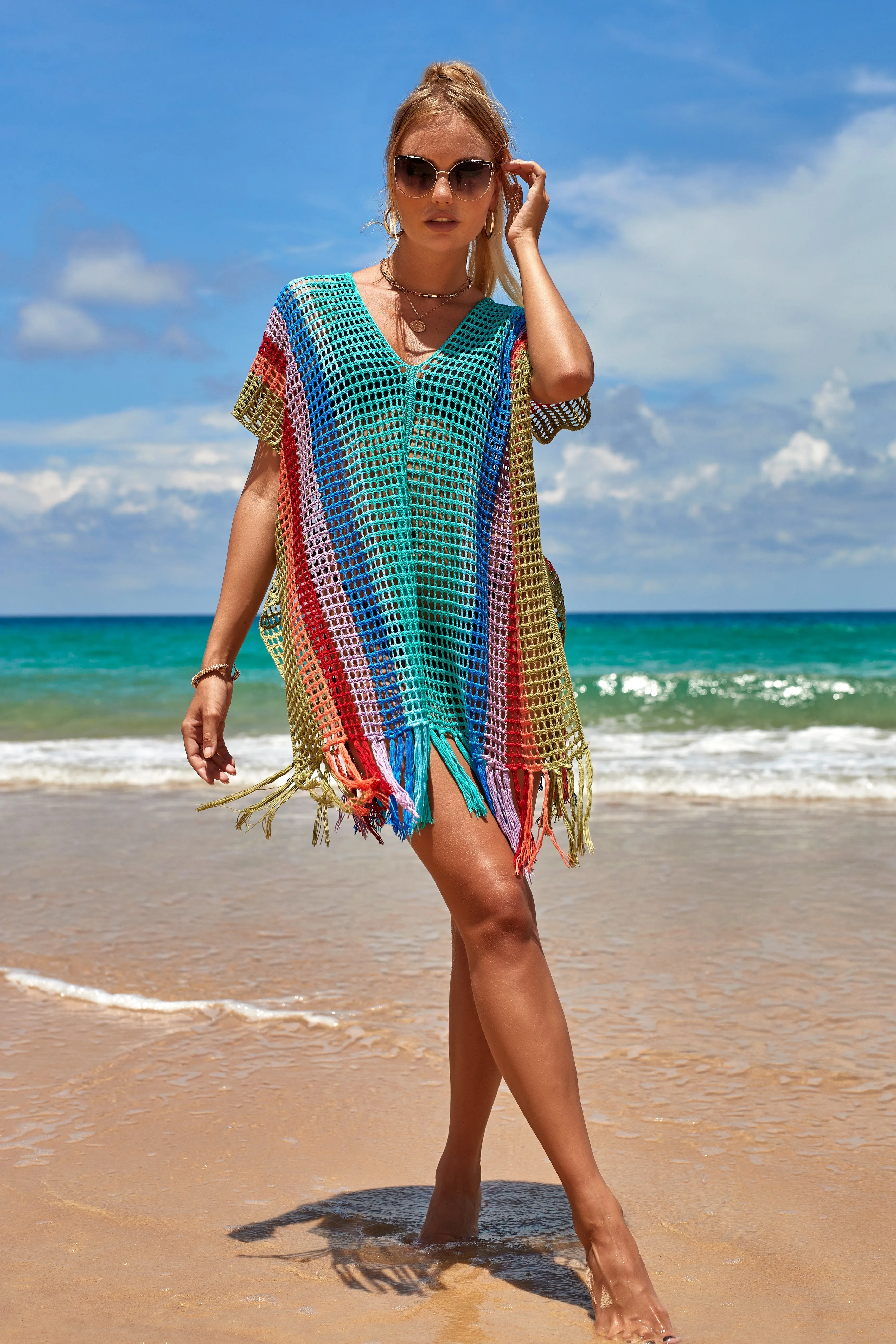 V-Neck Crochet Tassel Coverups - Women's Swimwear
