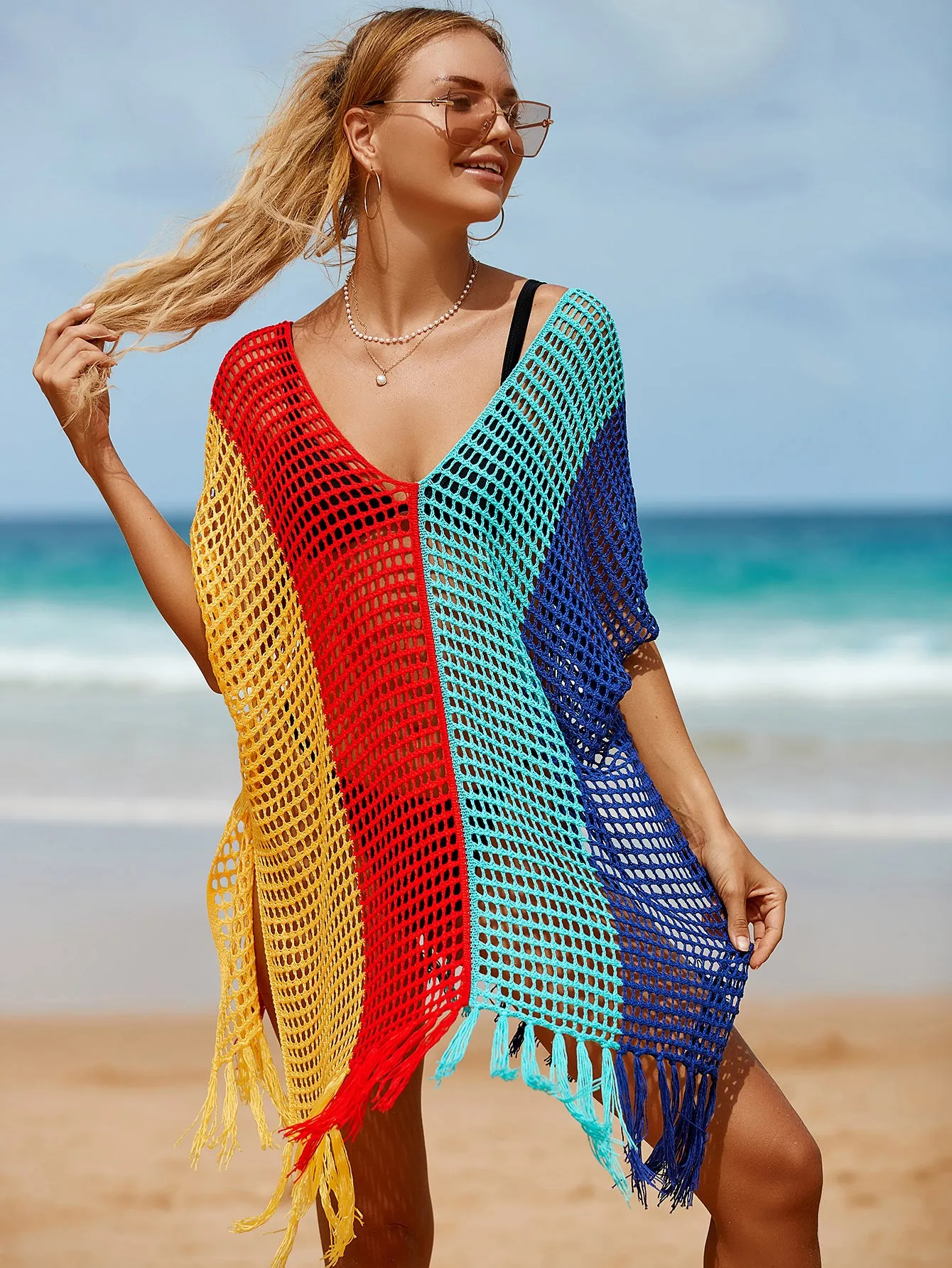 V-Neck Crochet Tassel Coverups - Women's Swimwear