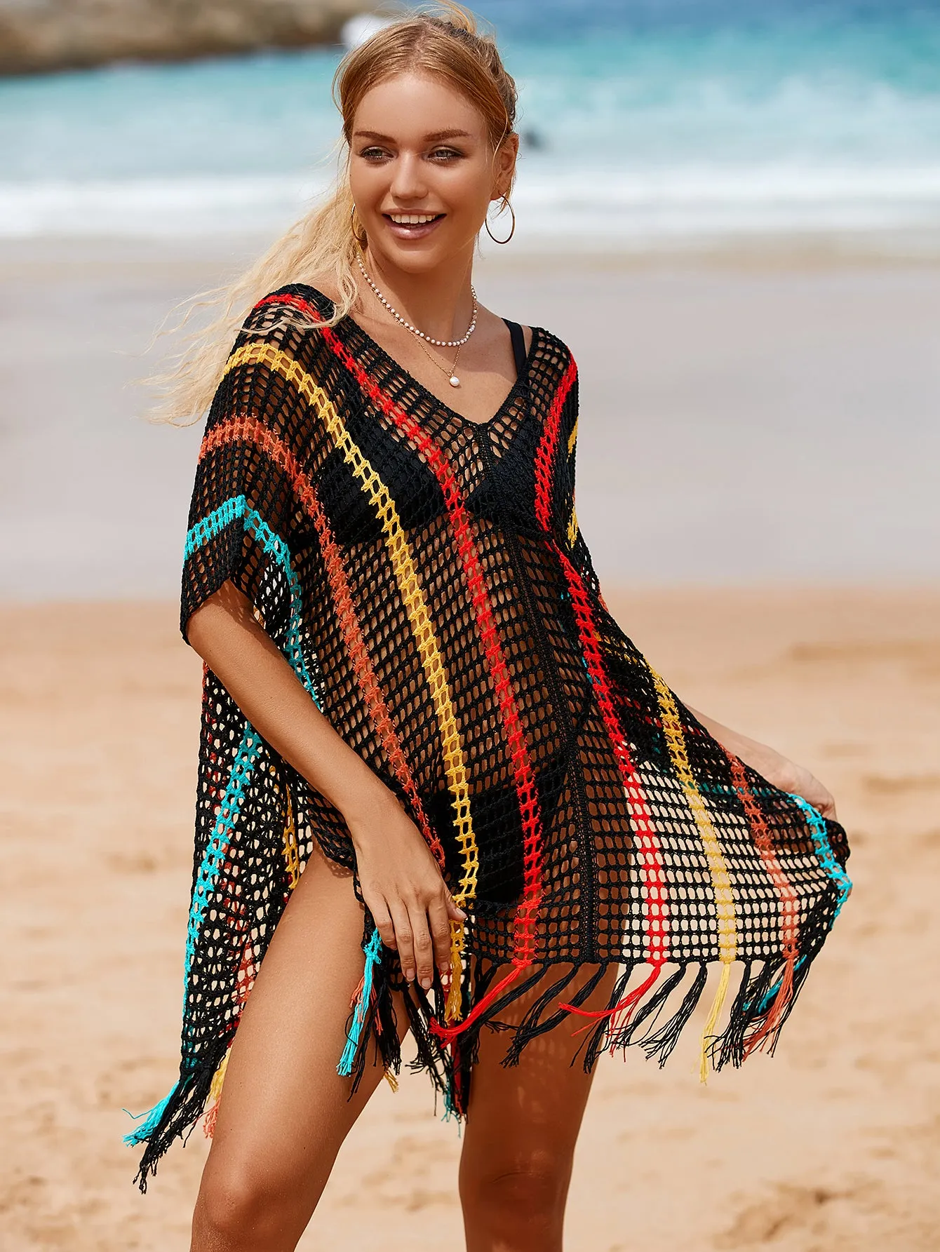 V-Neck Crochet Tassel Coverups - Women's Swimwear