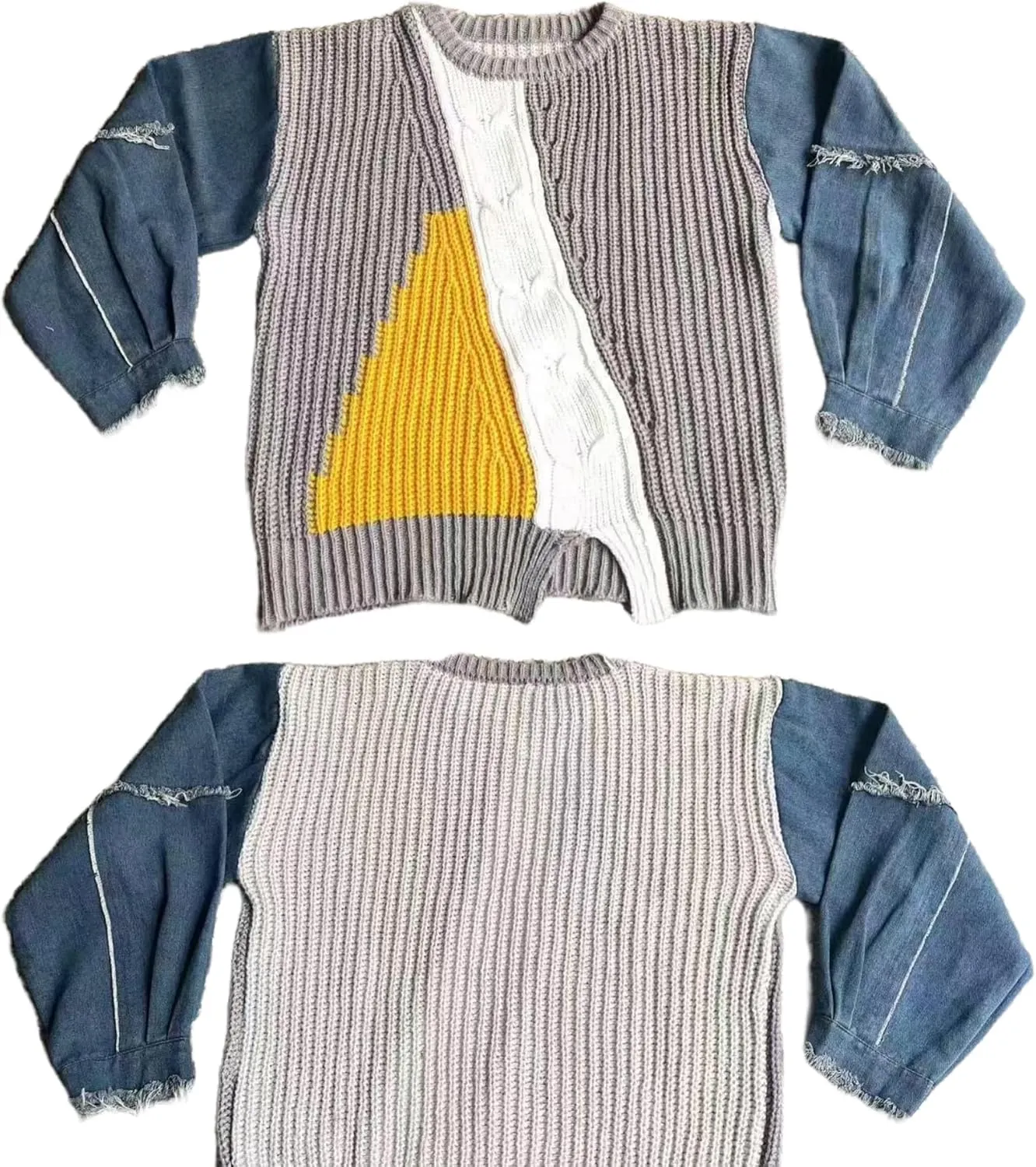 Vaceky Womens Sweaters Denim Sleeve Color Block Crewneck Pullover Knit Tops
