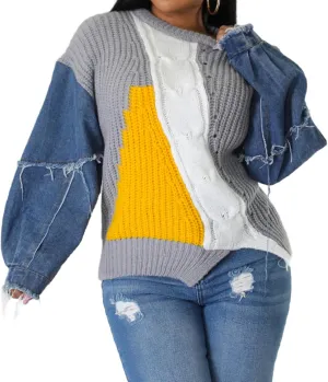 Vaceky Womens Sweaters Denim Sleeve Color Block Crewneck Pullover Knit Tops