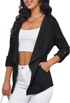 VERABENDI Womens Sweaters 3/4 Roll Sleeve Drawstring Waist Lapel Cardigan for Women with Pockets, S-XL