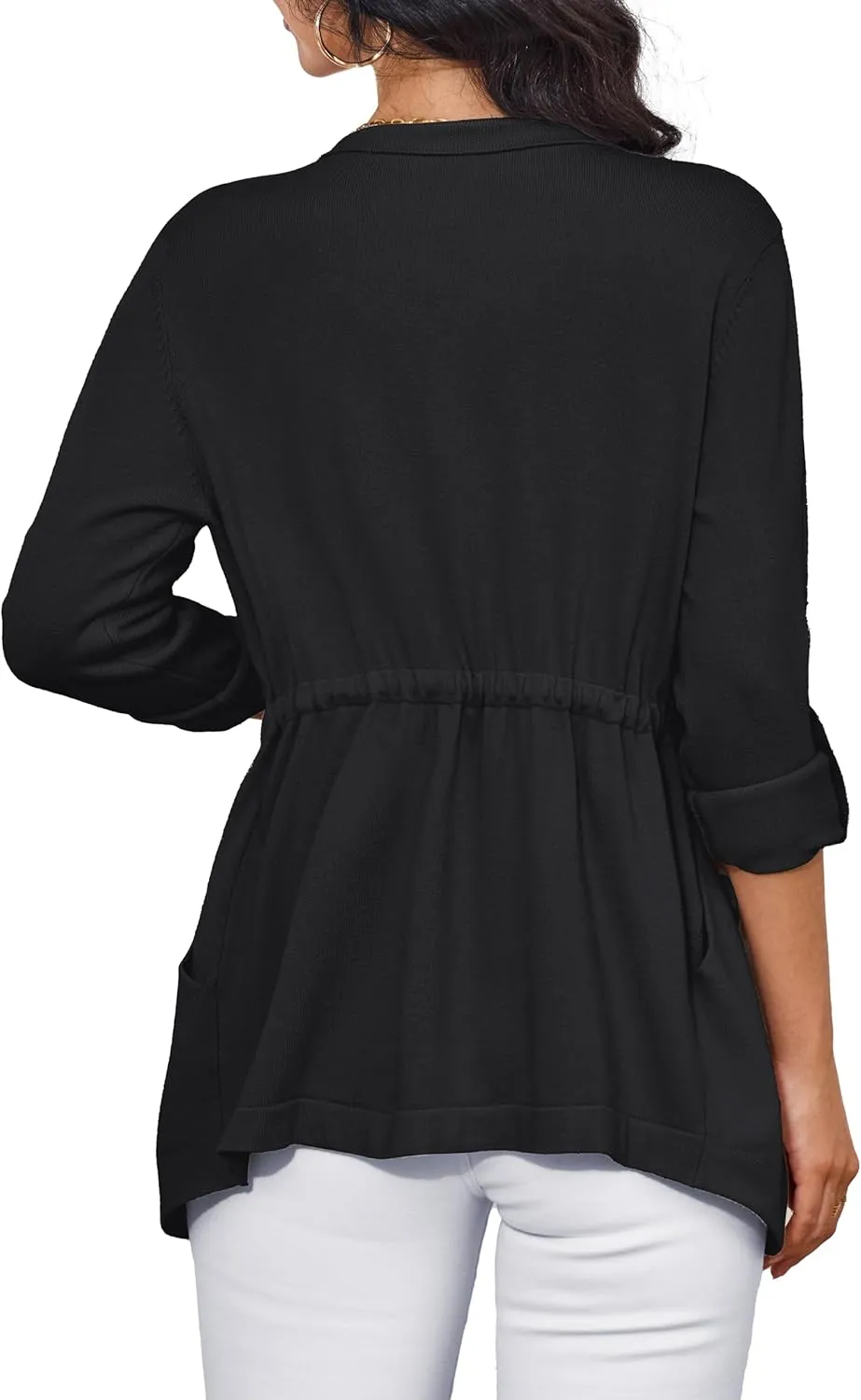 VERABENDI Womens Sweaters 3/4 Roll Sleeve Drawstring Waist Lapel Cardigan for Women with Pockets, S-XL